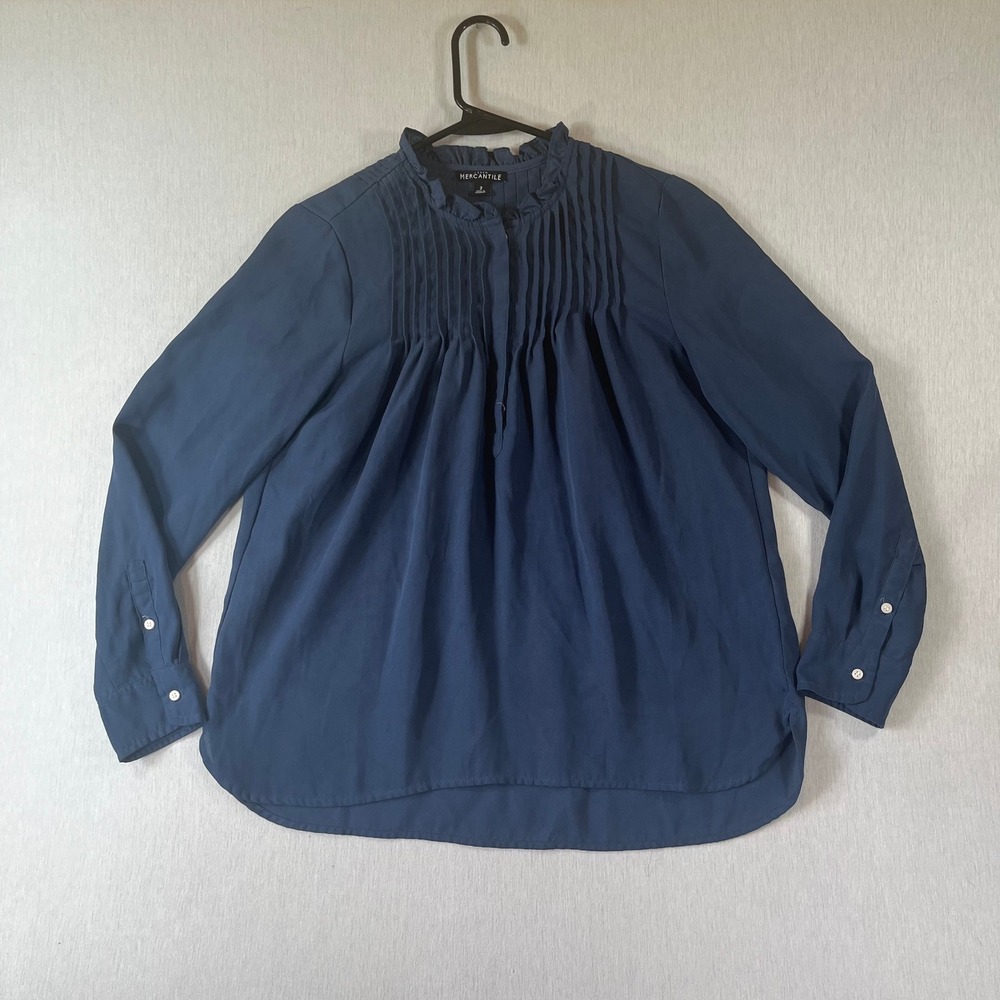 J Crew Top Women 2 Mercantile Pintuck Ruffle Neck Long Sleeve Blouse Navy Blue